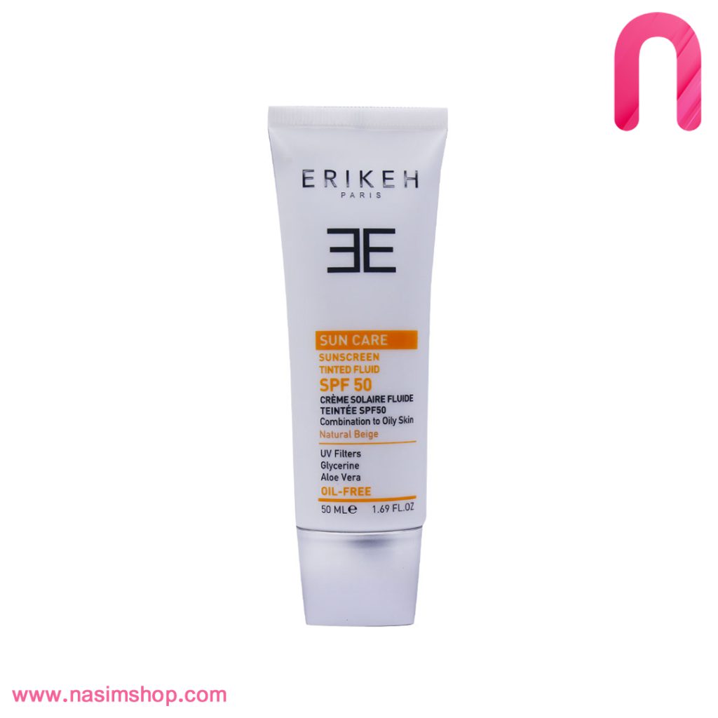 فلوئید ضد آفتاب SPF50 اریکه مناسب پوست چرب و مختلط رنگ نچرال بژ 50 میلی لیتر