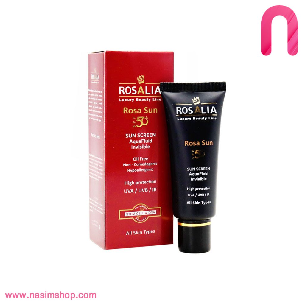 ضد آفتاب بی رنگ SPF50 رزالیا انواع پوست